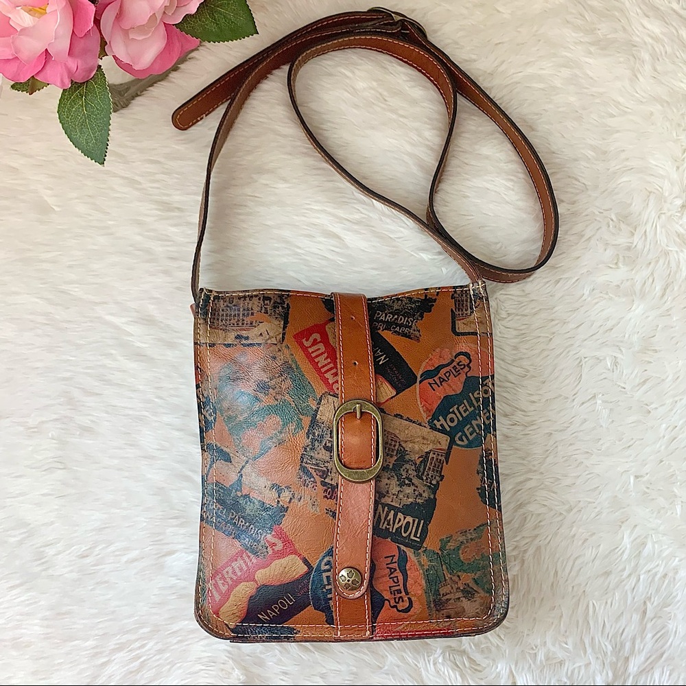 Patricia Nash Venezia Pouch Crossbody Leather Postcard Stamp Print Shoulder Bag